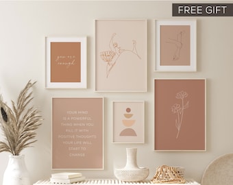 Boho Abstract Gallery Wall Art Set, Blush Mauve Beige Prints (Digital Download)