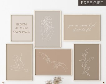 Boho Abstract Set of 6 Prints, Gallery Wall Art, Flower Face Print, Beige Art, Neutral Art, Floral Line Art, Women Empowerment Art