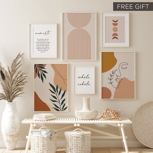 Bohemian Terracotta Wall Art Print Set, Gallery Wall Art, Set of 6, Abstract Boho Art Set, Woman Face Line Art, Burnt Orange Green Wall Art