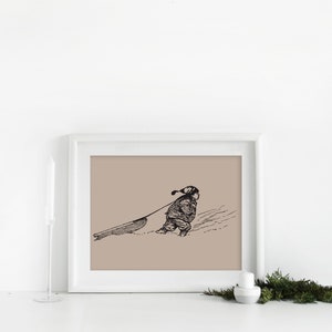 May include: Black and white framed print of a child pulling a sled through the snow. The illustration has a vintage aesthetic, with the child wearing a hat and winter clothing. The background is a muted tan color.