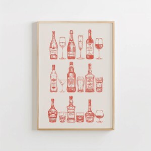 Bar Cart Print, Bar Wall Decor, Alcohol Print, Trendy Bar Art, Retro Bar Art, Vintage Bar Decor, Drink Wall Art, Bar Cart Decor, Red Bar Art