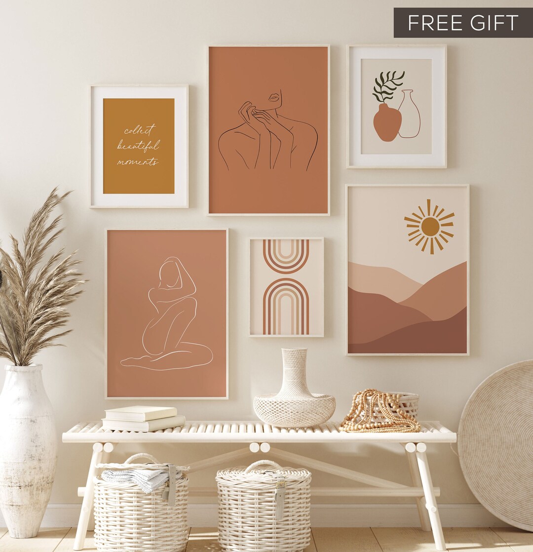 Boho Gallery Wall Art Set of 6, Boho Wall Decor, Burnt Orange Print ...