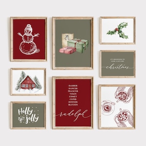 Kerstgalerijmuurset van 8 prints, kerstafdrukbaar, kerstmuurdecor, vakantiemuurkunst, moderne kerstkunst, kerstbundel