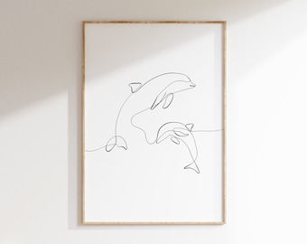 Dolphin Line Art Print, Dolphin Couple Single Line Drawing, Animal Single Line Drawing, Kids Room Decor, Minimalist Wall Art