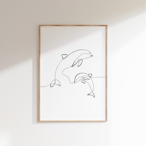 Dolphin Line Art Print, Dolphin Couple Single Line Drawing, Animal Single Line Drawing, Kids Room Decor, Minimalist Wall Art