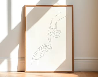 Lámina decorativa minimalista con diseño de manos, ideal para la decoración de pared en pareja (descarga digital).