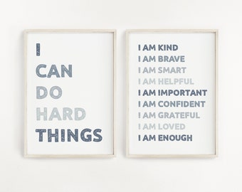 Kid Affirmations Print,  I can do Hard Things Wall Art, Affirmations for Kids, I can do hard,  I Am Kind I Am Smart, Navy Affirmations Print