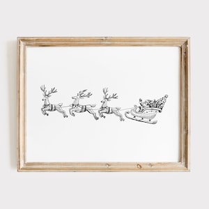 Christmas Santa and Reindeer Art Print, Christmas Wall Art, Christmas Poster, Vintage Christmas, Santa Sleigh, Black and White Christmas Art