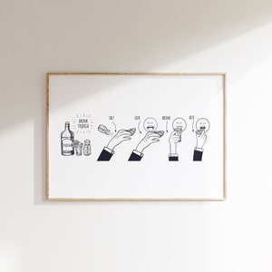 Op de afbeelding: Zwart-wit illustratie van een tequila drinkritueel. De afbeelding toont een fles tequila, shotglaasjes en de stappen: zout, likken, drinken en bijten. De tekst "Drink Tequila" is ook opgenomen.