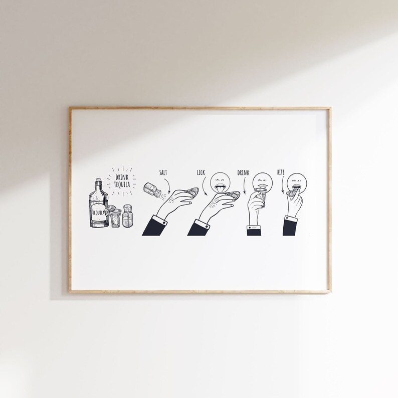 Op de afbeelding: Zwart-wit illustratie van een tequila drinkritueel. De afbeelding toont een fles tequila, shotglaasjes en de stappen: zout, likken, drinken en bijten. De tekst "Drink Tequila" is ook opgenomen.