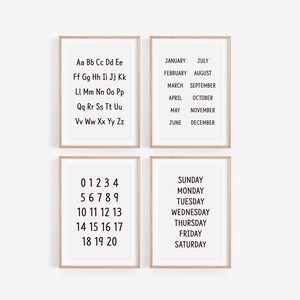 Conjunto de 4 números de alfabeto negro Días meses del año Impresión de arte, Alfabeto negro, Impresión de escuela en el hogar, Negro ABC 123 Arte de pared, ABC neutro