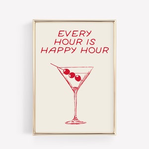 Happy Hour Print, Bar Art Print, Bar Cart Decor, Home Bar Wall Art, Aesthetic Bar Art, Cocktail Print, Trendy Bar Art, Red Wall Art