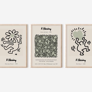 Sage Green Wall Art, Set of 3, Set of 3 Prints, Keith Haring Print, Exhibition Print Set, Keith Haring Print, Sage Green Print Set