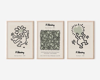 Sage Green Wall Art, Set of 3, Set of 3 Prints, Keith Haring Print, Exhibition Print Set, Keith Haring Print, Sage Green Print Set