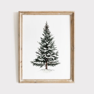 Impresión de árboles de hoja perenne nevados, cartel de pino nevado, pintura de acuarela de Navidad, arte navideño minimalista, paisaje de invierno