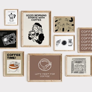 Coffee Wall Art, Set of 9 Coffee Print, Coffee Poster, Coffee Bar Art, Coffee Sign, Retro Coffee Art, Coffee Time Print, Coffee Bar Decor
