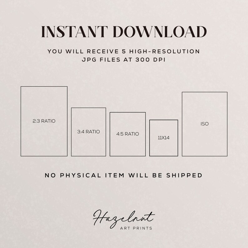 Puede incluir: Anuncio de impresiones de arte digital con el texto "DESCARGA INSTANT&Aacute;NEA". La imagen muestra contornos de rect&aacute;ngulos con proporciones: 2:3, 3:4, 4:5, 11x14 e ISO. El texto indica que se proporcionar&aacute;n 5 archivos JPG de alta resoluci&oacute;n a 300 DPI.