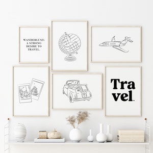 Reise Galerie Wand Set, Reise Drucke, Fernweh Wandkunst, Flugzeug Strichzeichnung, schwarz und weiß, Reise Kunst, Weltkarte Kunst, Reise Zitat