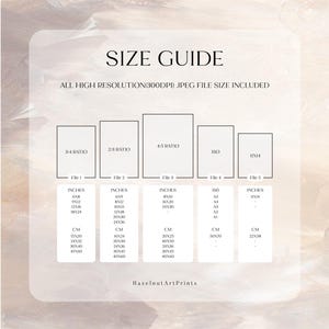 May include: A size guide chart with the text "SIZE GUIDE" and "ALL HIGH RESOLUTION (300DPI) JPEG FILE SIZE INCLUDED." The chart includes size options in inches and centimeters for various aspect ratios, including 3:4, 2:3, 4:5, ISO, and 11x14. The HazelnutArtPrints logo is at the bottom.