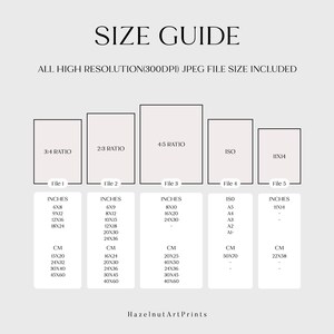 Puede incluir: Una tabla de gu&iacute;a de tallas con el texto "SIZE GUIDE" y "ALL HIGH RESOLUTION(300DPI) JPEG FILE SIZE INCLUDED". La tabla enumera los tama&ntilde;os de archivo en pulgadas y cent&iacute;metros para varias relaciones de aspecto, incluyendo 3:4, 2:3, 4:5, ISO y 11x14.