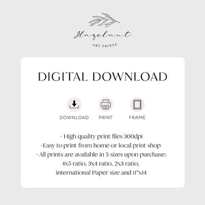 May include: Digital download art print advertisement with the text "DIGITAL DOWNLOAD". Includes icons for download, print, and frame. The text also mentions high-quality print files, easy printing, and available sizes.