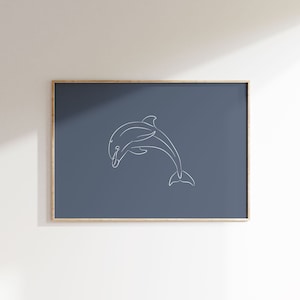 Dolphin Line Art, Blue Wall Art, Minimalist Dolphin Art, Beach Wall Art, Beach Decor, Coastal Decor, Coastal Print, Boho Beach Art