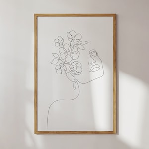 Frau Blumen Linie Zeichnung, Blumenkopf Art Print, Blumen Frau Line Art, Minimalistische Wandkunst, druckbare Wandkunst, Boho Poster
