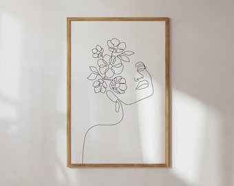 Dibujo de línea de Woman Flowers, Head Of Flowers Art Print, Flower Woman Line Art, Arte de pared minimalista, Arte de pared imprimible, Póster Boho