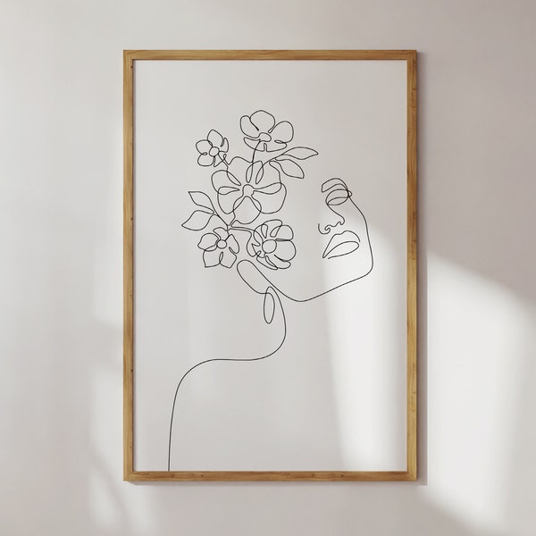 Woman Flowers line drawing, Head Of Flowers Art Print, Flower Woman Line Art, Minimalist wall art, Printable wall art, Boho Poster