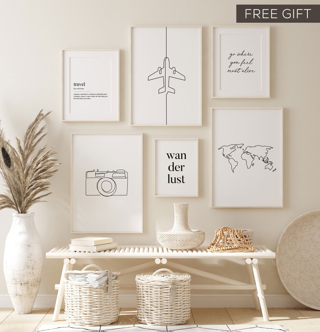 Travel Gallery Wall Set, Travel Wall Art, Line Drawing Print, Black and
