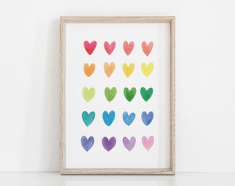 Rainbow Heart Printable, Heart Wall Art, Watercolor Heart Wall Art, Baby Girls Room Wall Art, Nursery Poster, Valentines Day Poster