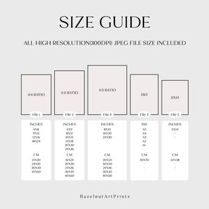 May include: A size guide chart with the text "SIZE GUIDE" and "ALL HIGH RESOLUTION(300DPI) JPEG FILE SIZE INCLUDED". The chart lists file sizes in inches and centimeters for various aspect ratios, including 3:4, 2:3, 4:5, ISO, and 11x14.