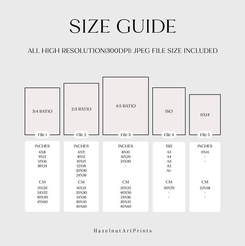 May include: A size guide chart with the text "SIZE GUIDE" and "ALL HIGH RESOLUTION(300DPI) JPEG FILE SIZE INCLUDED". The chart lists file sizes in inches and centimeters for various aspect ratios, including 3:4, 2:3, 4:5, ISO, and 11x14.