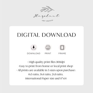 Puede incluir: Anuncio de impresi&oacute;n de arte de descarga digital con el texto "DESCARGA DIGITAL". Incluye iconos para descargar, imprimir y enmarcar. El texto tambi&eacute;n menciona archivos de impresi&oacute;n de alta calidad y tama&ntilde;os disponibles.