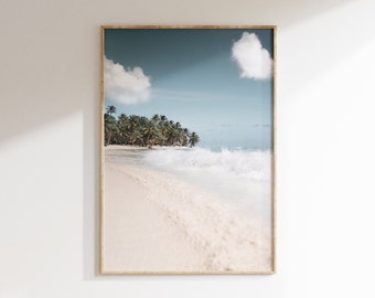 Fotografía de playa con palmeras de estilo bohemio, arte mural costero (descarga digital)