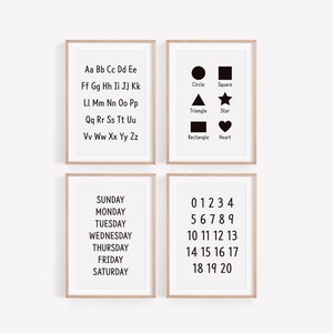 4er Set Schwarzes Alphabet Zahlen Tage Kunstdruck, Formen, Schwarzes Alphabet, Modernes Alphabet Poster, Home School Print, Schwarz Weiß ABC 123