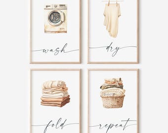 Cartel de la sala de lavandería, decoración de la sala de lavandería, conjunto de arte de la sala de lavandería de 4, impresión repetida de pliegue en seco, arte de una sola línea, arte minimalista de la pared