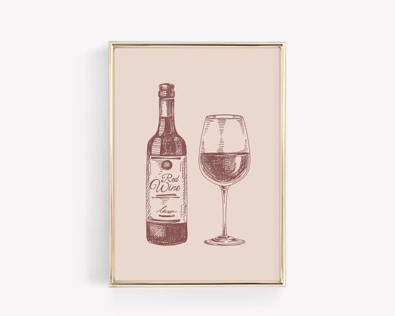 Red Wine Sketch Print, Bar Cart Art, Kitchen Decor (Digital Download)