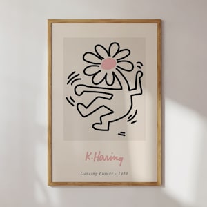 Dancing Flower Print, Keith Haring Wall Art, Pink Wall Art Set, Danish Pastel Art