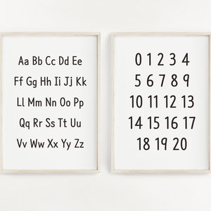 Modernes Alphabet und Zahlen 2er Set druckbar, Schwarzes Alphabet Zahlen Poster, Abc Kunst, Schwarz Weiß Dekoration, Gender Neutrale Kunst