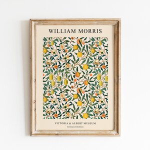 Puede incluir: Impresi&oacute;n art&iacute;stica enmarcada con un dise&ntilde;o bot&aacute;nico de limones, naranjas y hojas verdes. La impresi&oacute;n est&aacute; sobre un fondo crema y enmarcada en un marco de madera clara. El texto "WILLIAM MORRIS" y "VICTORIA & ALBERT MUSEUM" es visible.