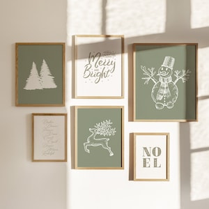 Natuurlijke kerstgalerijmuurset, kerstprintbundel, saliegroene kerstkunst, wintervakantieprint, groen vintage kerstdecor