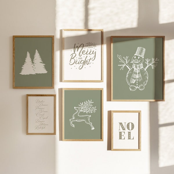 Natural Christmas Gallery Wall Set, Christmas Print Bundle, Sage Green Christmas Art, Winter Holiday Print, Green Vintage Christmas Decor