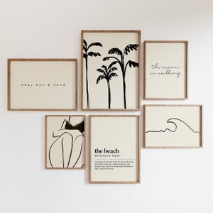 Black and Beige Beach Gallery Wall Set of 6 Prints, Summer Wall Art, Boho Beach Art, Wave Print, Palm Trees Print, Beach Quote, Travel Art