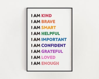 Kid Affirmations Print, I Am Kind I Am Enough, Colorful Wall Art, Printable Nursery Decor, Affirmation Wall Art, Playroom Decor