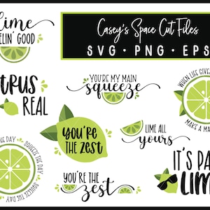 Könnte beinhalten: Ein Set mit zehn SVG-Schnittdateien zum Thema Limette für Bastelprojekte. Die Designs beinhalten Sätze wie "Lime Feelin' Good", "Citrus Got Real", "You're My Main Squeeze", "You're The Zest", "Lime All Yours" und "It's Party Lime".