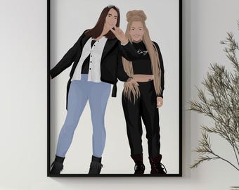 Custom Bestie, Friendship Digital Illustration. Prints Available. Personalised Portrait for Friend Gift. Best Friend / Bestie Present.