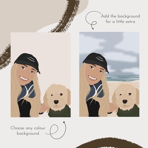 Puede incluir: Una ilustraci&oacute;n digital de una mujer y un perro. La mujer lleva un sombrero negro y una camisa negra. El perro es de color marr&oacute;n claro y lleva una camisa verde. El fondo es de color marr&oacute;n claro. El texto "Elige cualquier color de fondo" est&aacute; en la parte inferior de la imagen. El texto "A&ntilde;ade el fondo para un poco m&aacute;s" est&aacute; en la parte superior de la imagen.