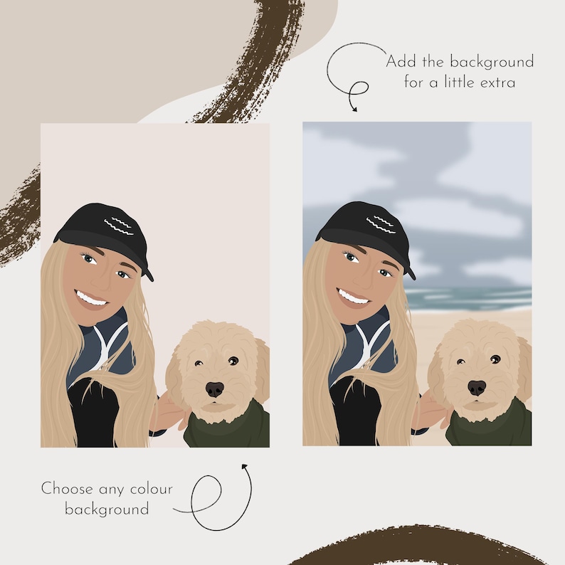 Puede incluir: Una ilustraci&oacute;n digital de una mujer y un perro. La mujer lleva un sombrero negro y una camisa negra. El perro es de color marr&oacute;n claro y lleva una camisa verde. El fondo es de color marr&oacute;n claro. El texto "Elige cualquier color de fondo" est&aacute; en la parte inferior de la imagen. El texto "A&ntilde;ade el fondo para un poco m&aacute;s" est&aacute; en la parte superior de la imagen.
