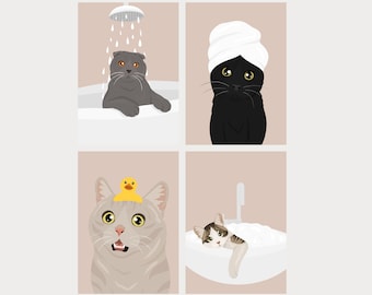 Kattenbadtijd illustraties. Illustraties van katten- en hondenverzorging. Afdrukken van kattentrimmers. Kattensalon decor. Kattentrimmer cadeau. Dezelfde dag verzonden